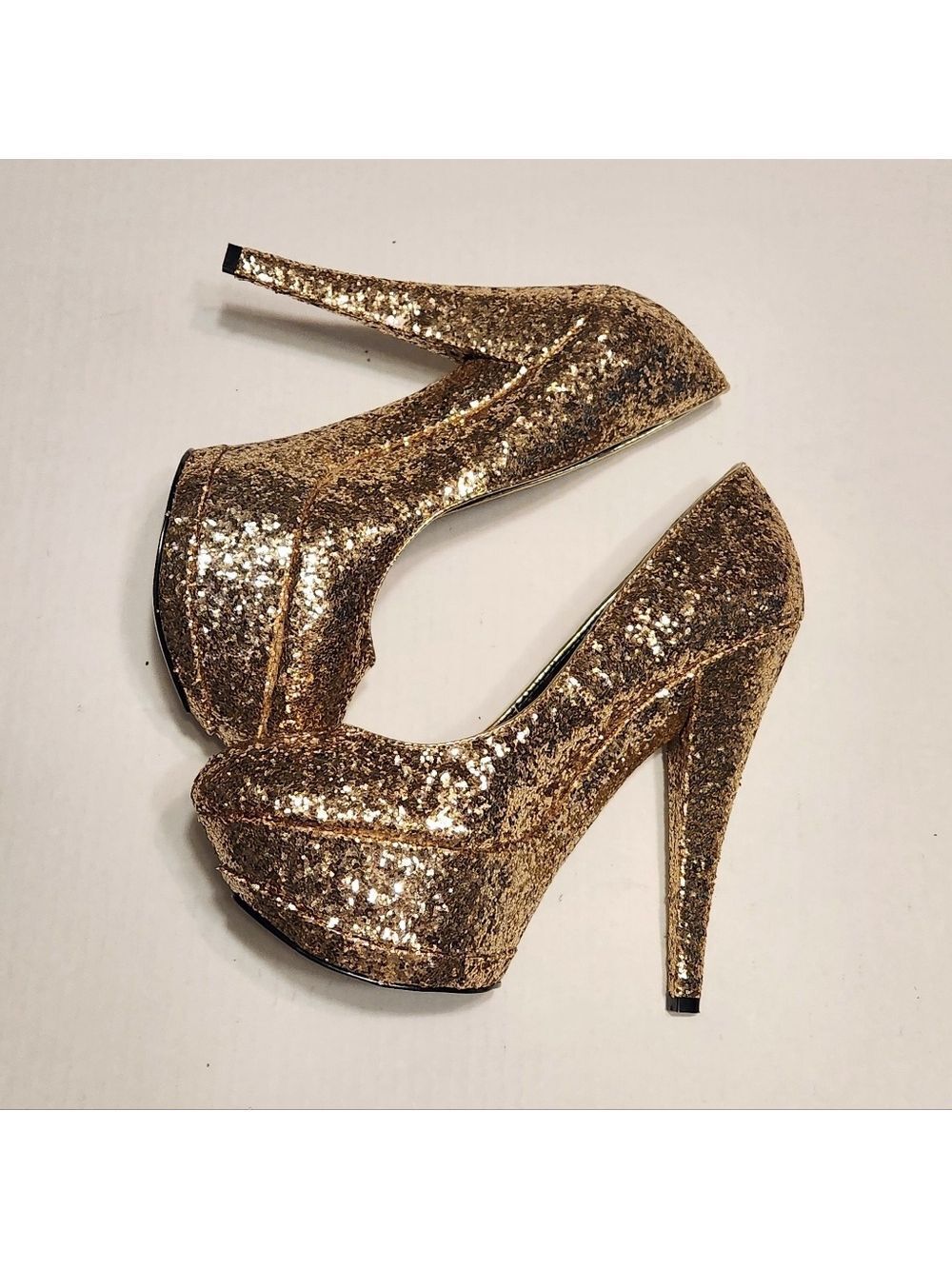 Bebe Gold Glitter Platform Stiletto Heel Pumps Size 8 - Picture 3 of 11